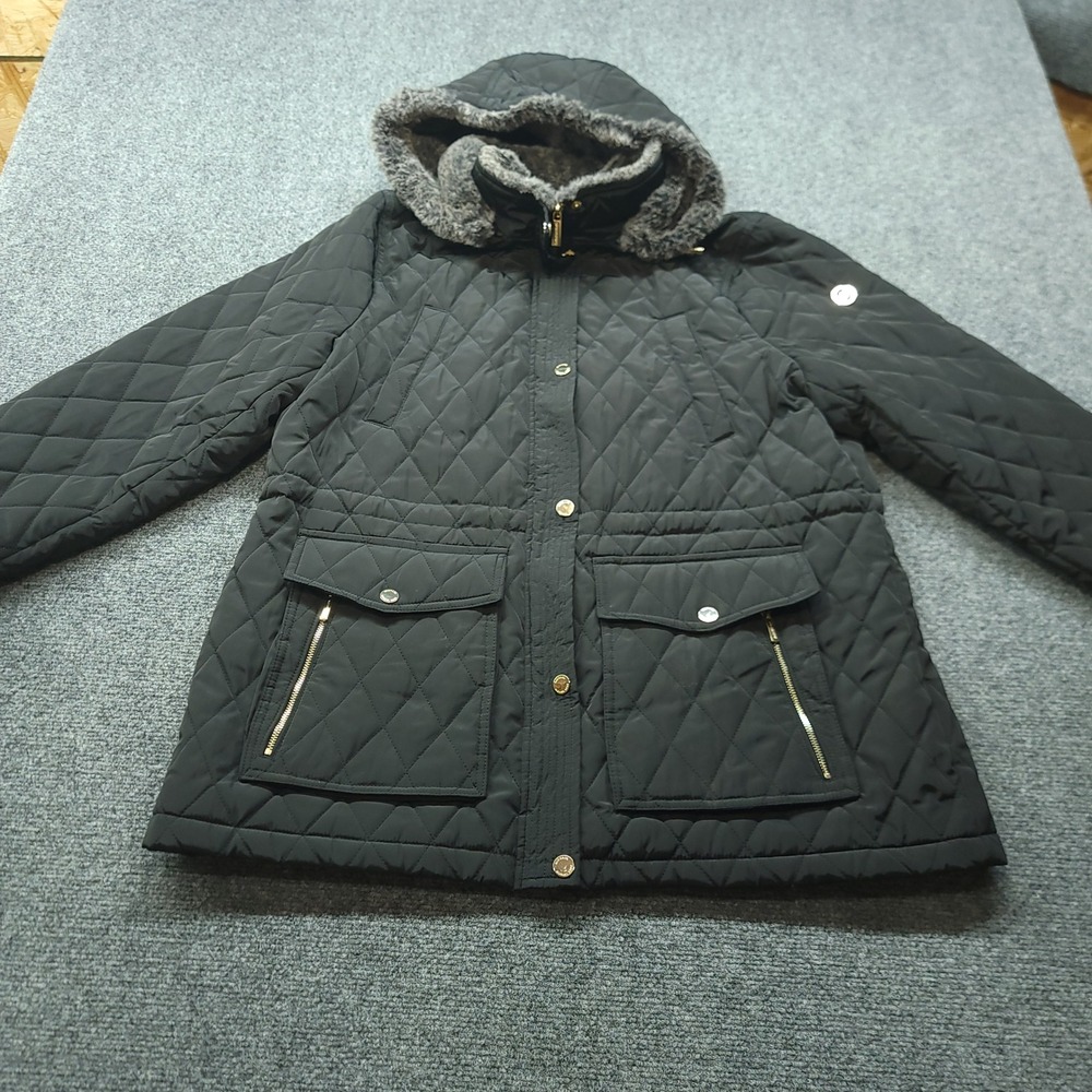 Michael Michael Kors Black Quilted Faux Fur Hooded Puffer Jacket XL Gold Tone